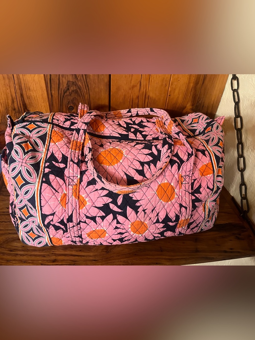 Vera Bradley XL Weekend Pink Quilted Floral Travel Duffel with Orange Accents